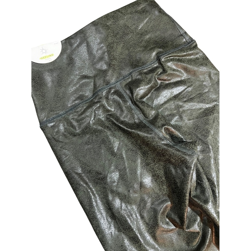 OFFLINE by Aerie Green Crackle Metallic Faux Leather Leggings XS NEW edgy snake - Picture 3 of 7